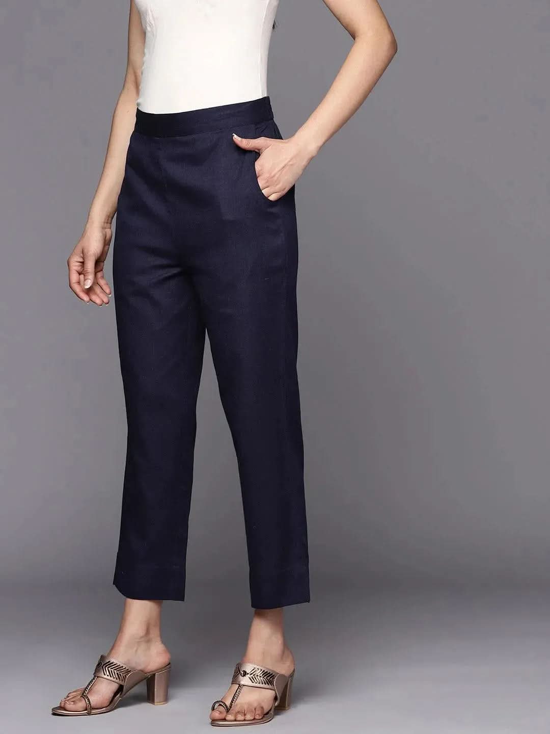 Anouk Navy Blue Solid Cotton Trousers