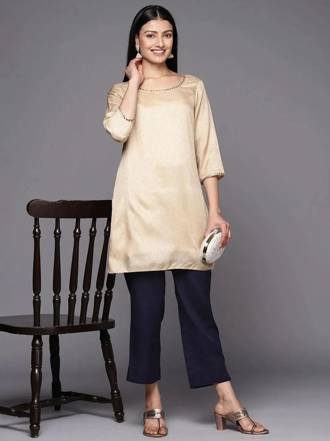 Anouk Navy Blue Solid Cotton Trousers