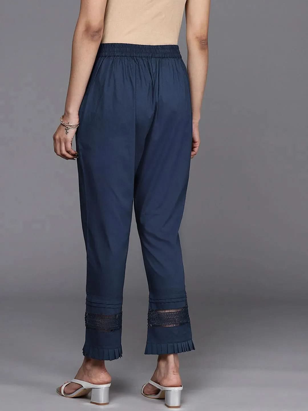 Anouk Navy Blue Solid Cotton Trousers