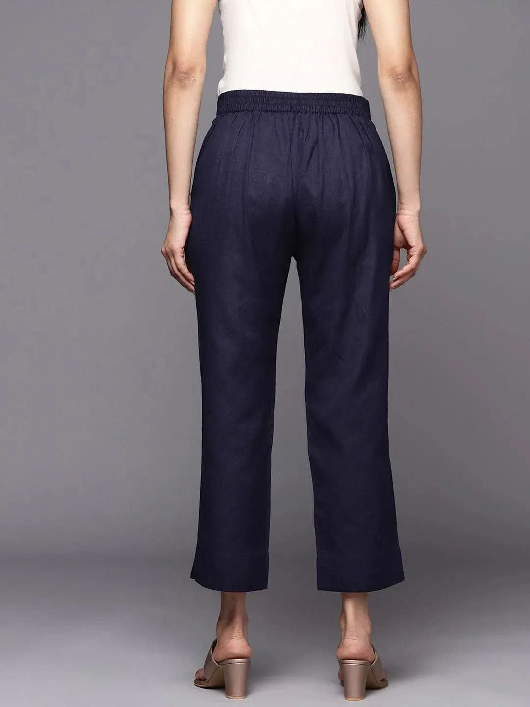 Anouk Navy Blue Solid Cotton Trousers