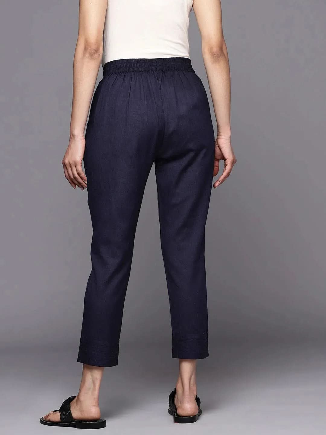 Anouk Navy Blue Solid Cotton Trousers