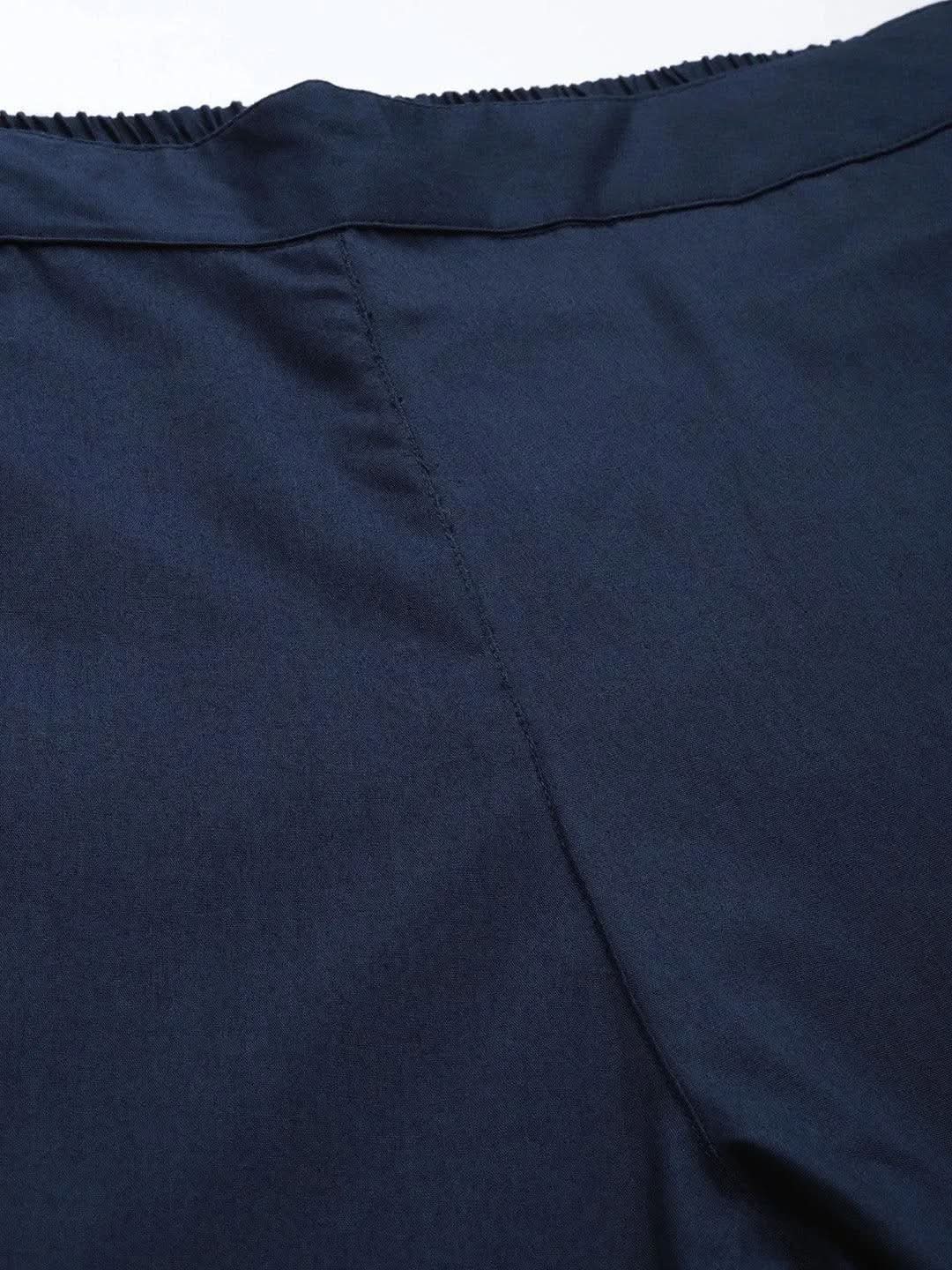 Anouk Navy Blue Solid Cotton Trousers