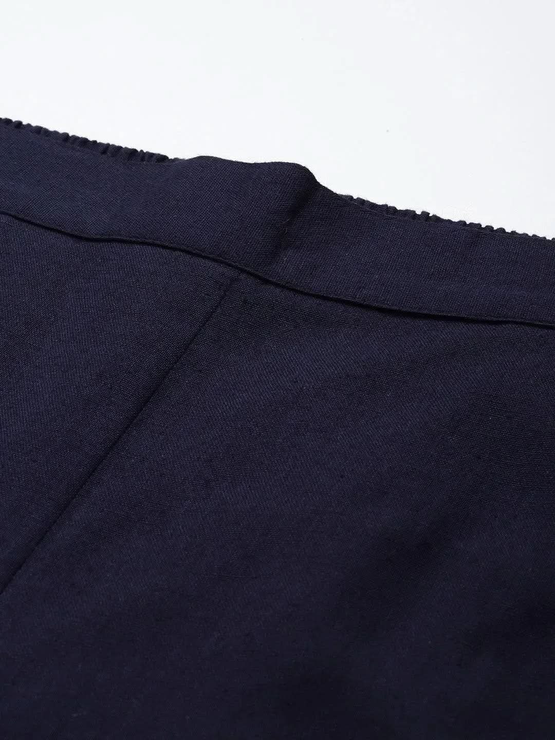 Anouk Navy Blue Solid Cotton Trousers