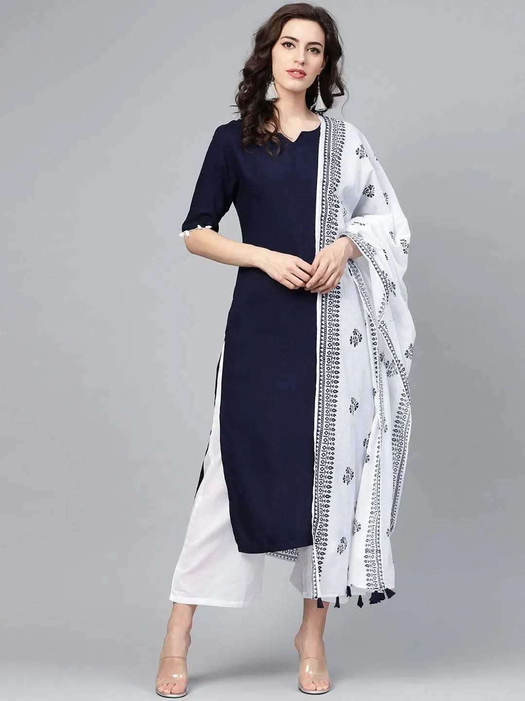 Anouk Navy Blue Solid Rayon Straight Kurta With Palazzos & Dupatta