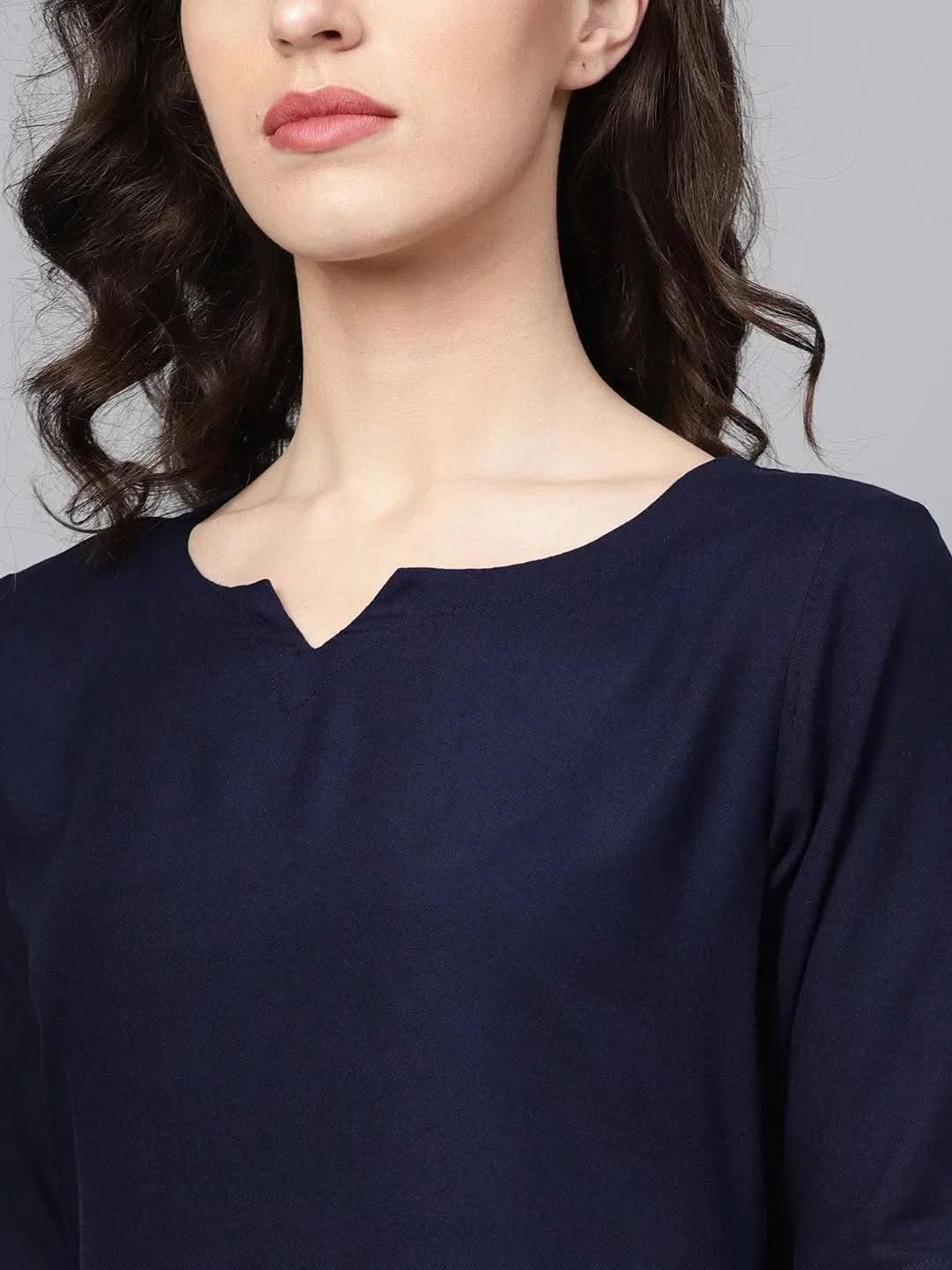 Anouk Navy Blue Solid Rayon Straight Kurta With Palazzos & Dupatta