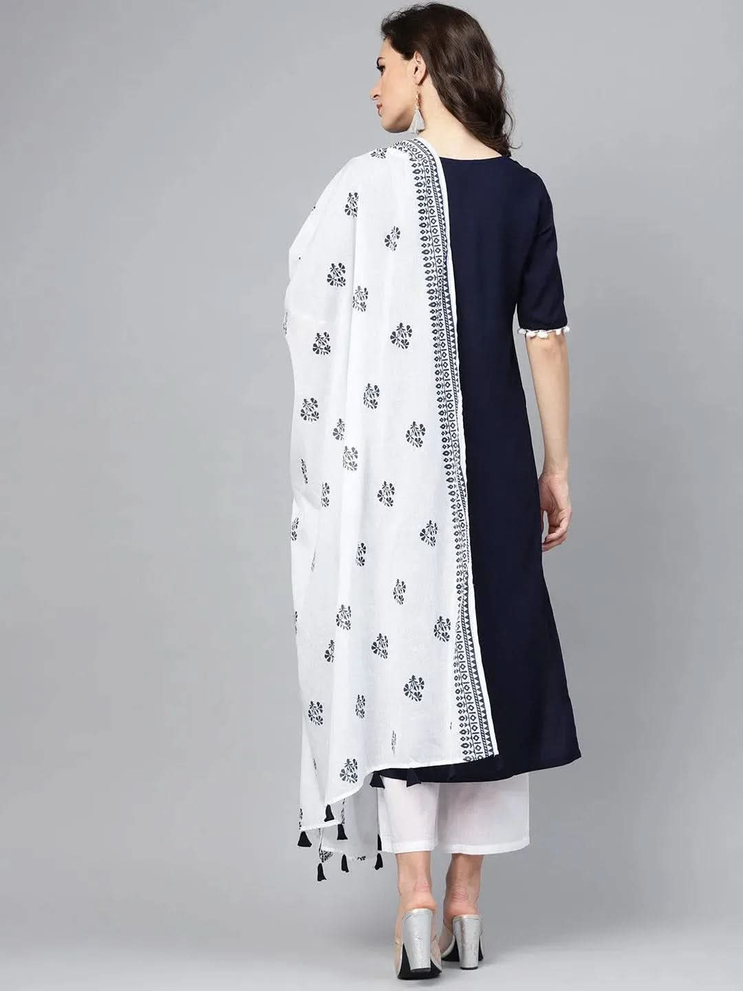 Anouk Navy Blue Solid Rayon Straight Kurta With Palazzos & Dupatta