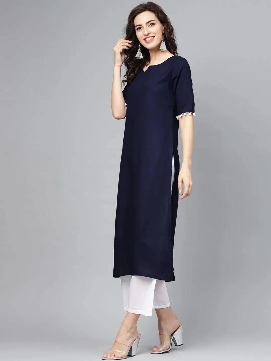 Anouk Navy Blue Solid Rayon Straight Kurta With Palazzos & Dupatta