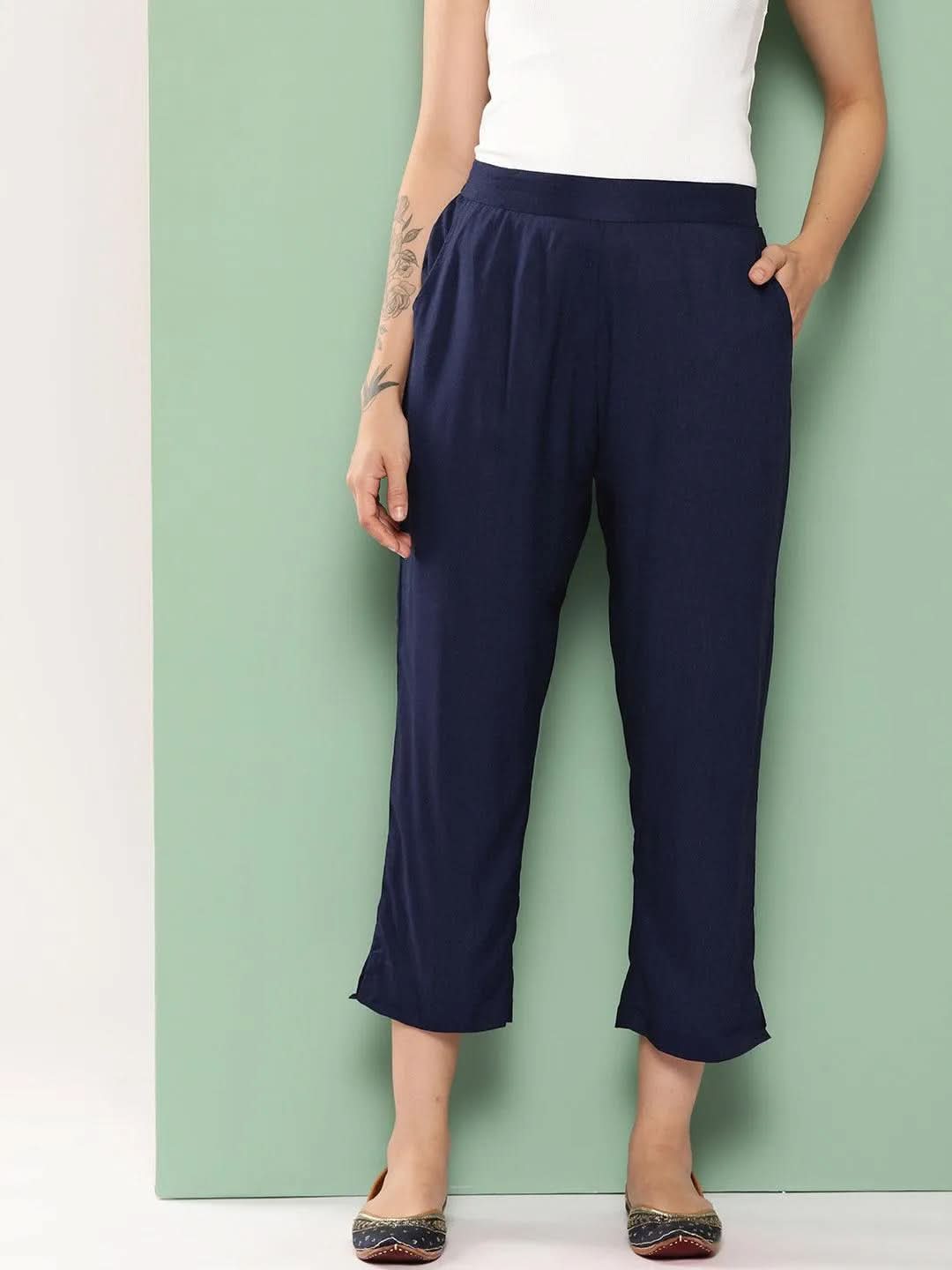 Anouk Navy Blue Solid Rayon Trousers