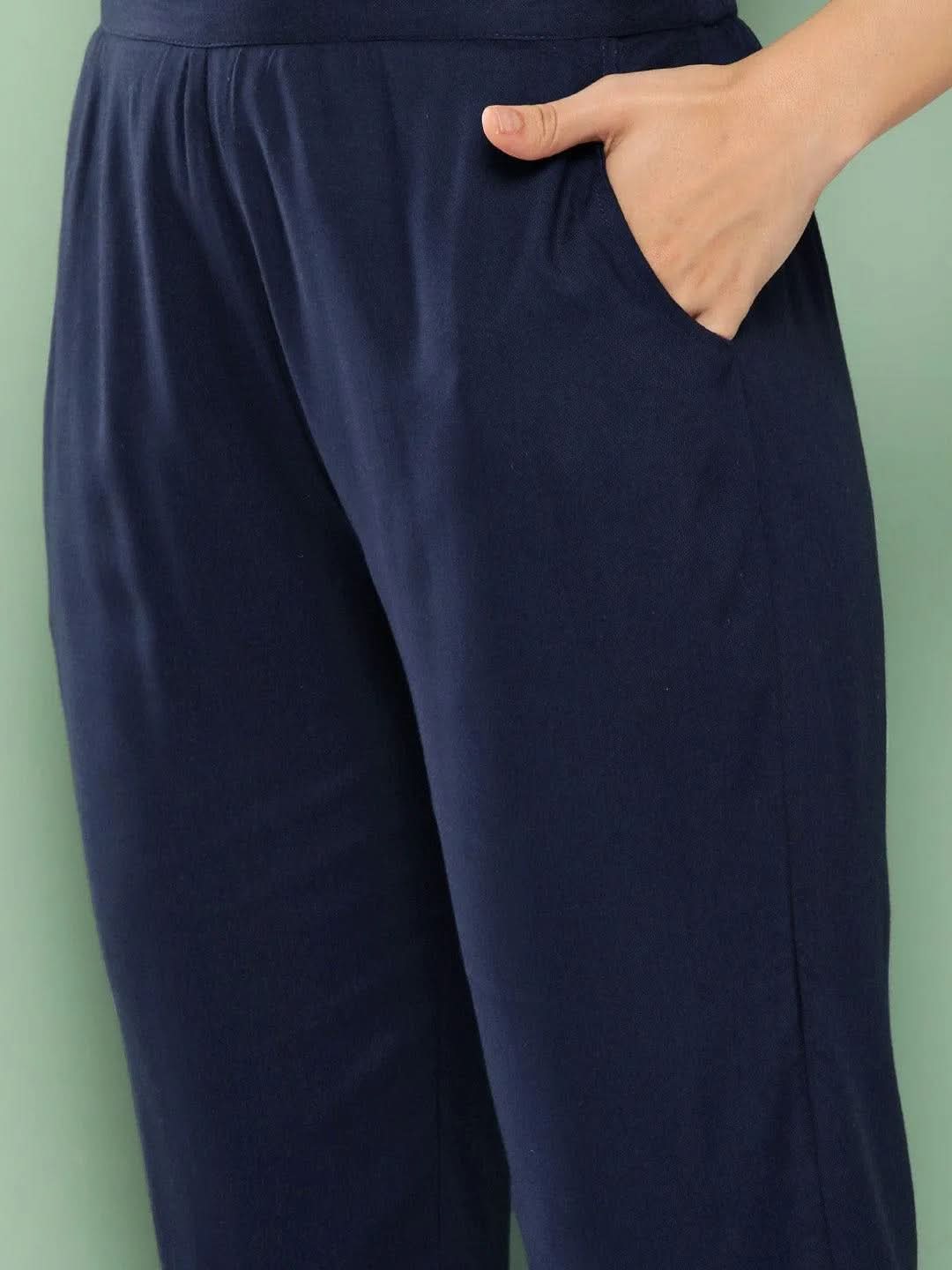 Anouk Navy Blue Solid Rayon Trousers