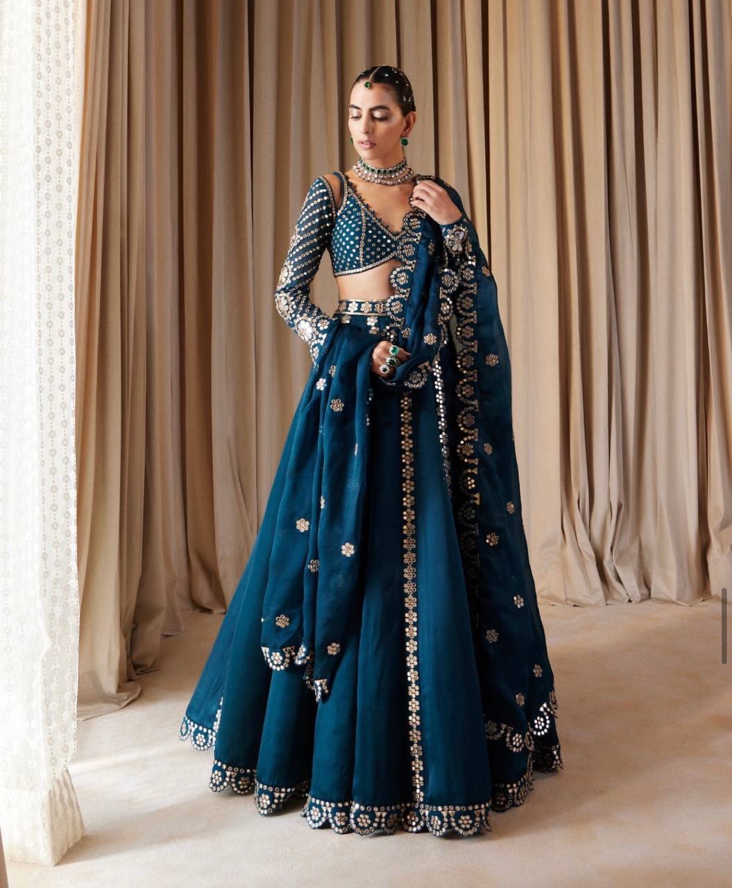 Blue Stunning Malai Silk Lehenga Set with Sequins & Zari Work