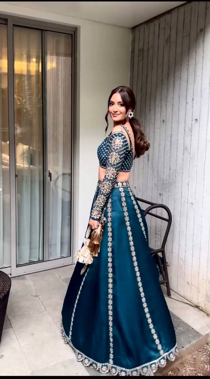 Blue Stunning Malai Silk Lehenga Set with Sequins & Zari Work