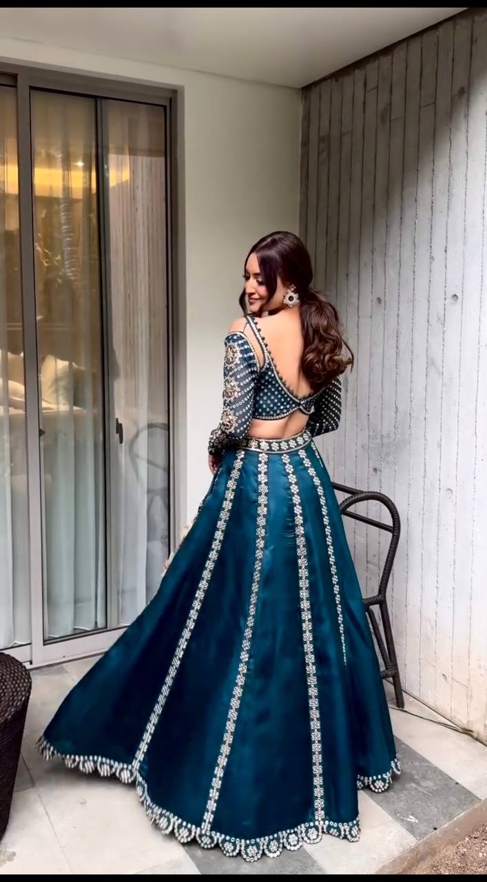 Blue Stunning Malai Silk Lehenga Set with Sequins & Zari Work