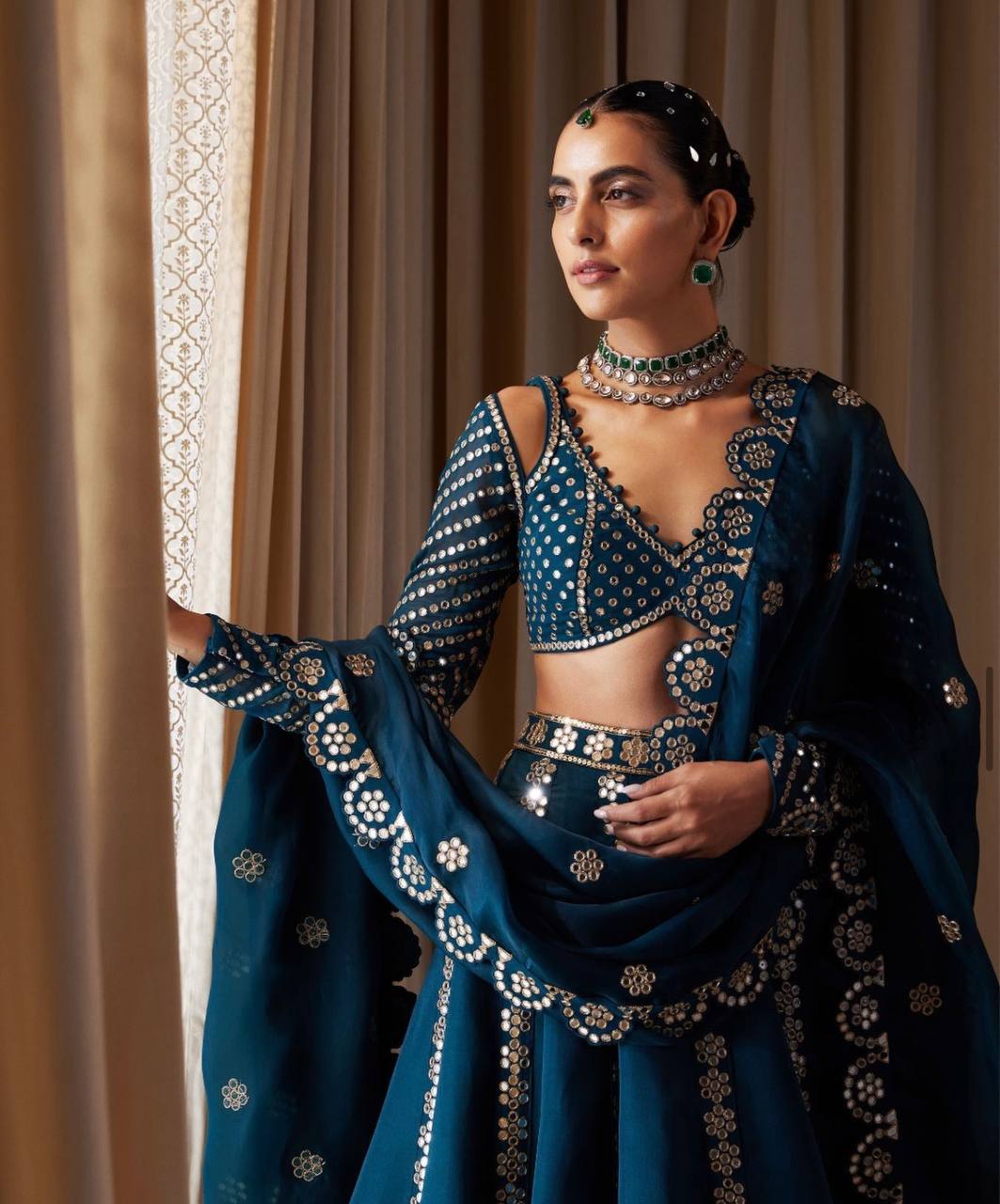 Blue Stunning Malai Silk Lehenga Set with Sequins & Zari Work