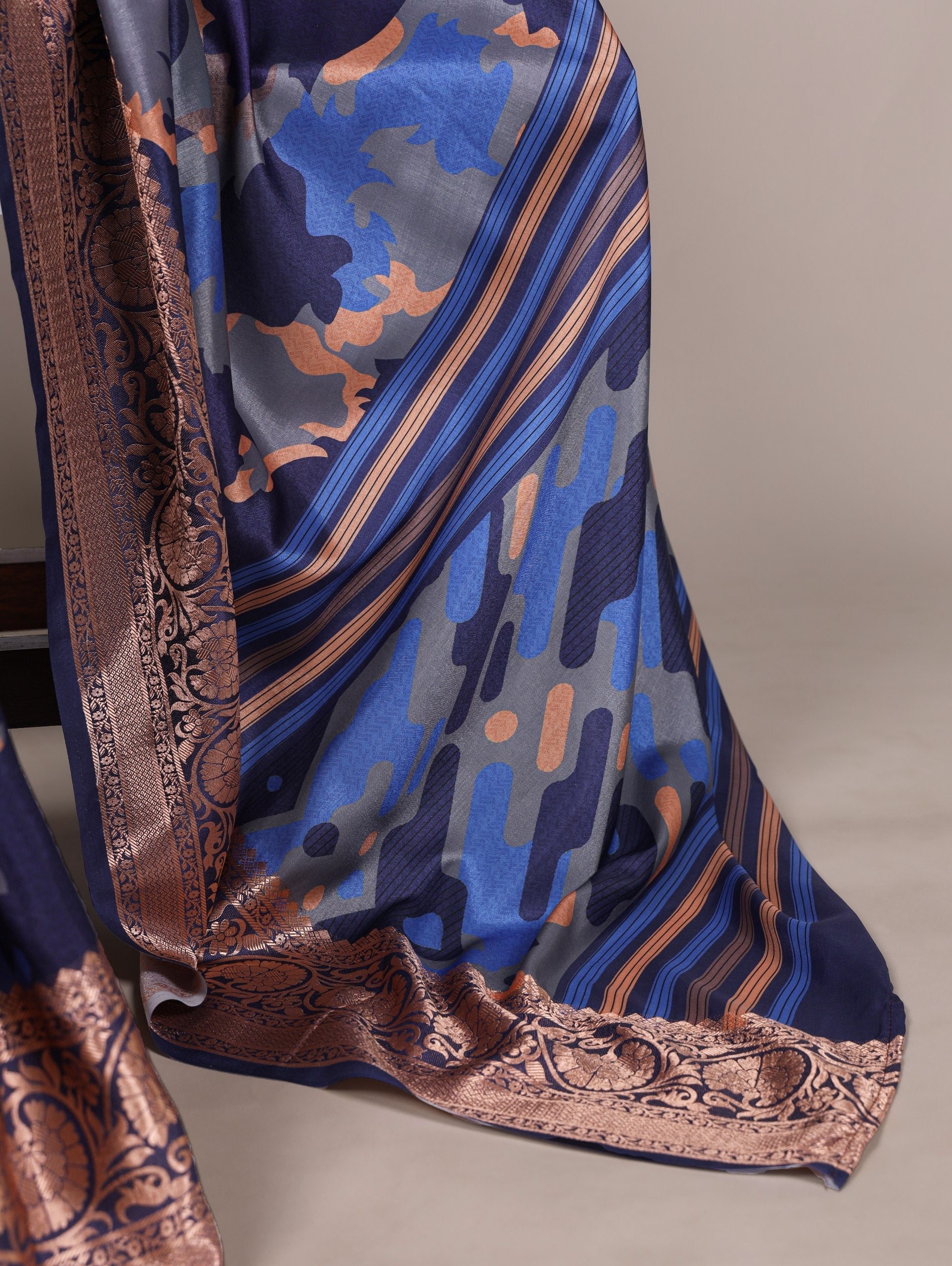 Navy Blue Tasar Silk Printed Saree