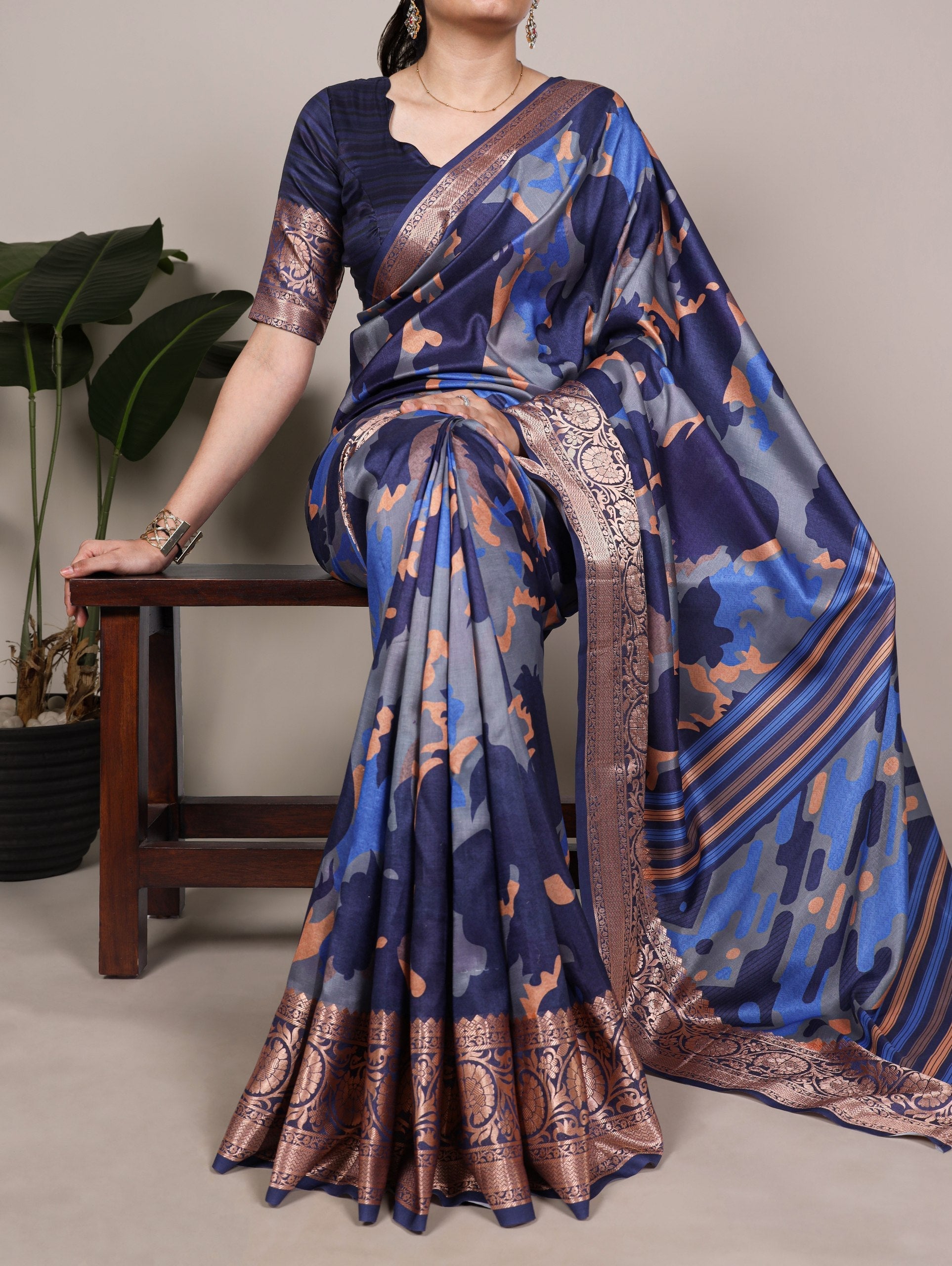 Navy Blue Tasar Silk Printed Saree