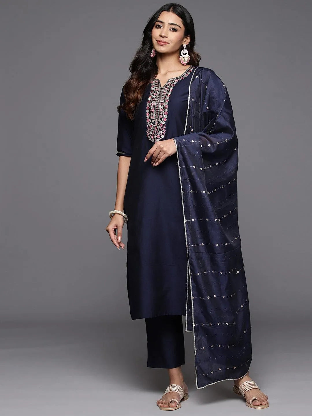 Anouk Blue Yoke Design Silk Blend Straight Suit With Dupatta