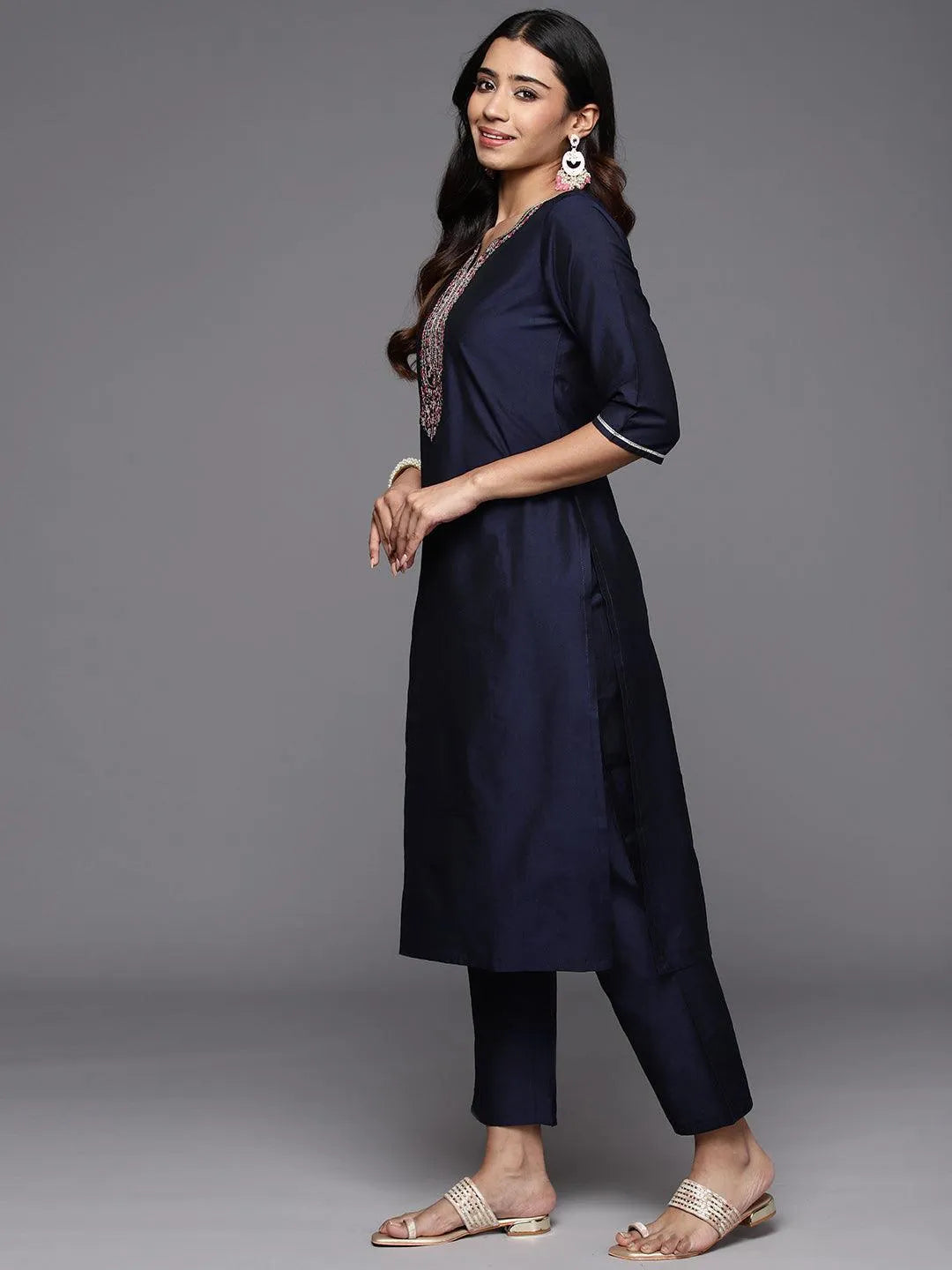 Anouk Blue Yoke Design Silk Blend Straight Suit With Dupatta