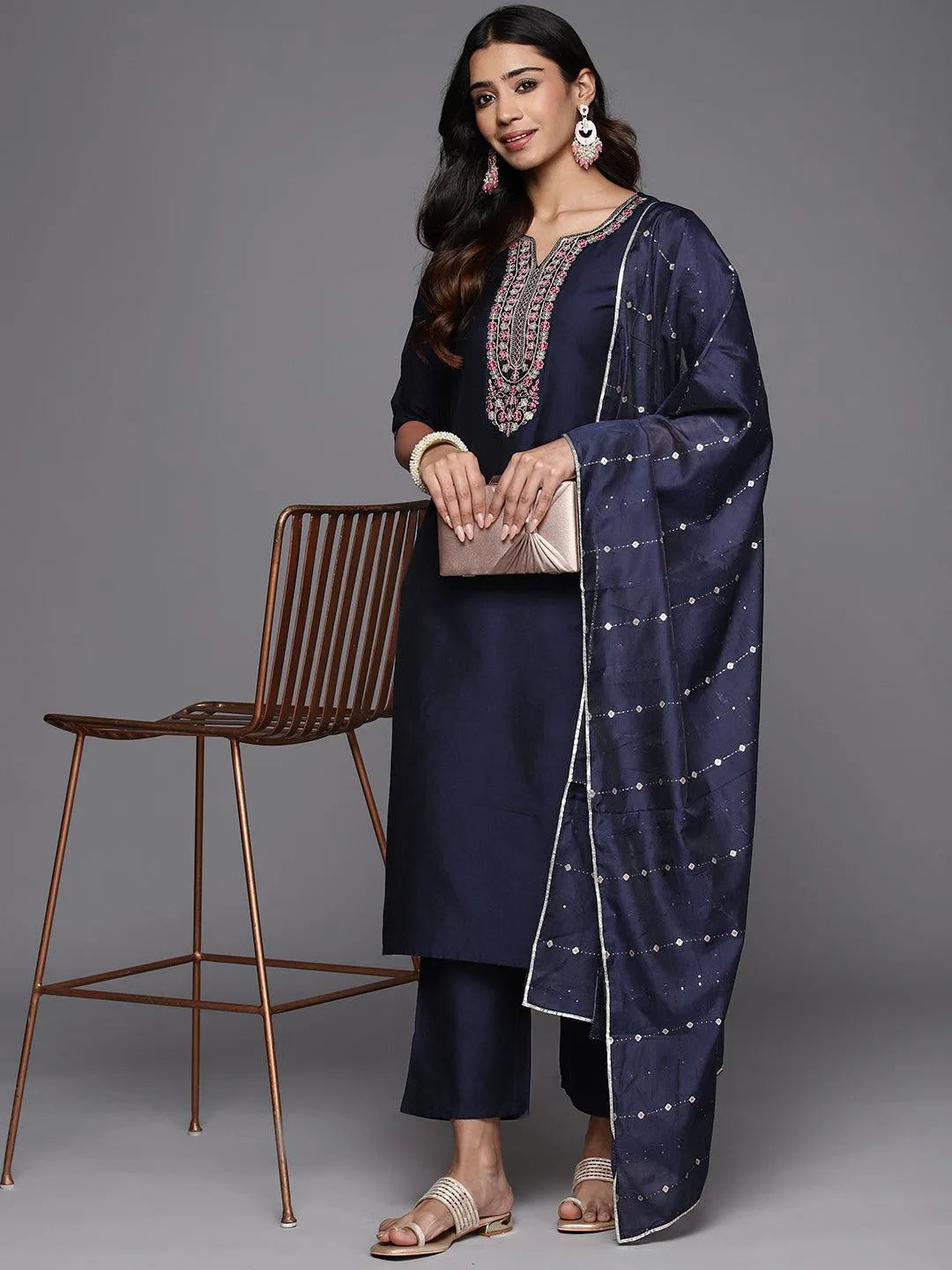 Anouk Blue Yoke Design Silk Blend Straight Suit With Dupatta