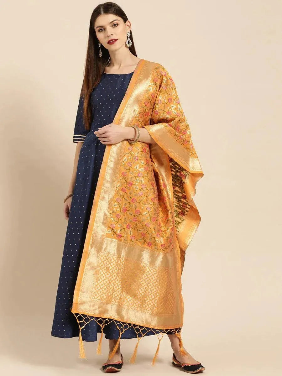 Anouk Navy Blue Zari Work Chanderi Dress With Dupatta