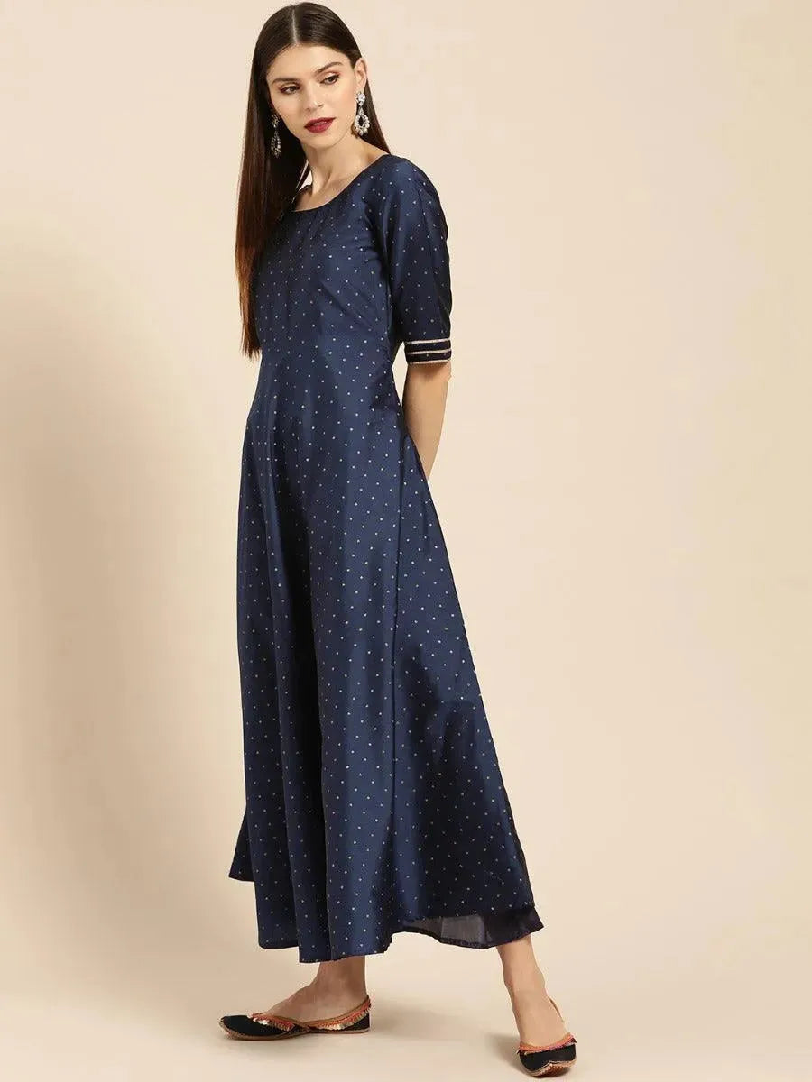 Anouk Navy Blue Zari Work Chanderi Dress With Dupatta