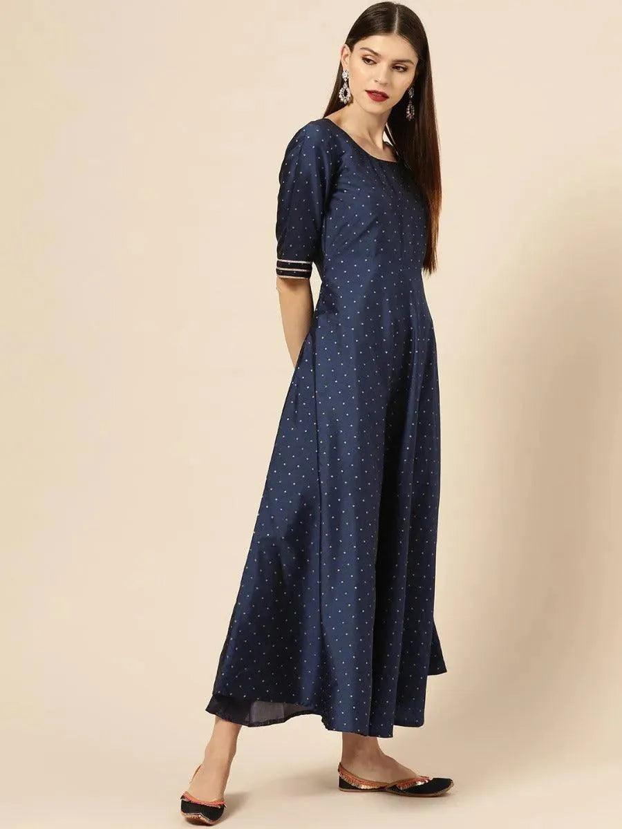 Anouk Navy Blue Zari Work Chanderi Dress With Dupatta