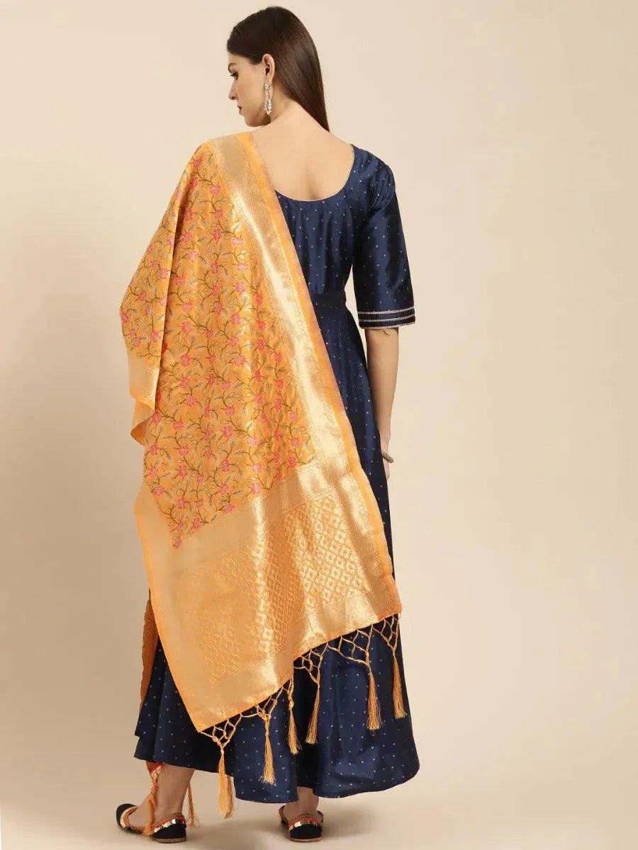Anouk Navy Blue Zari Work Chanderi Dress With Dupatta