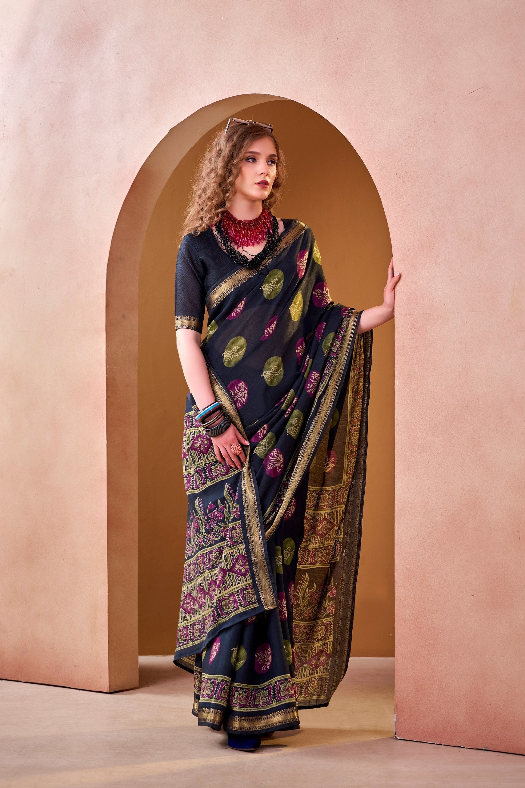 Navy Blue Chanderi Printed Saree