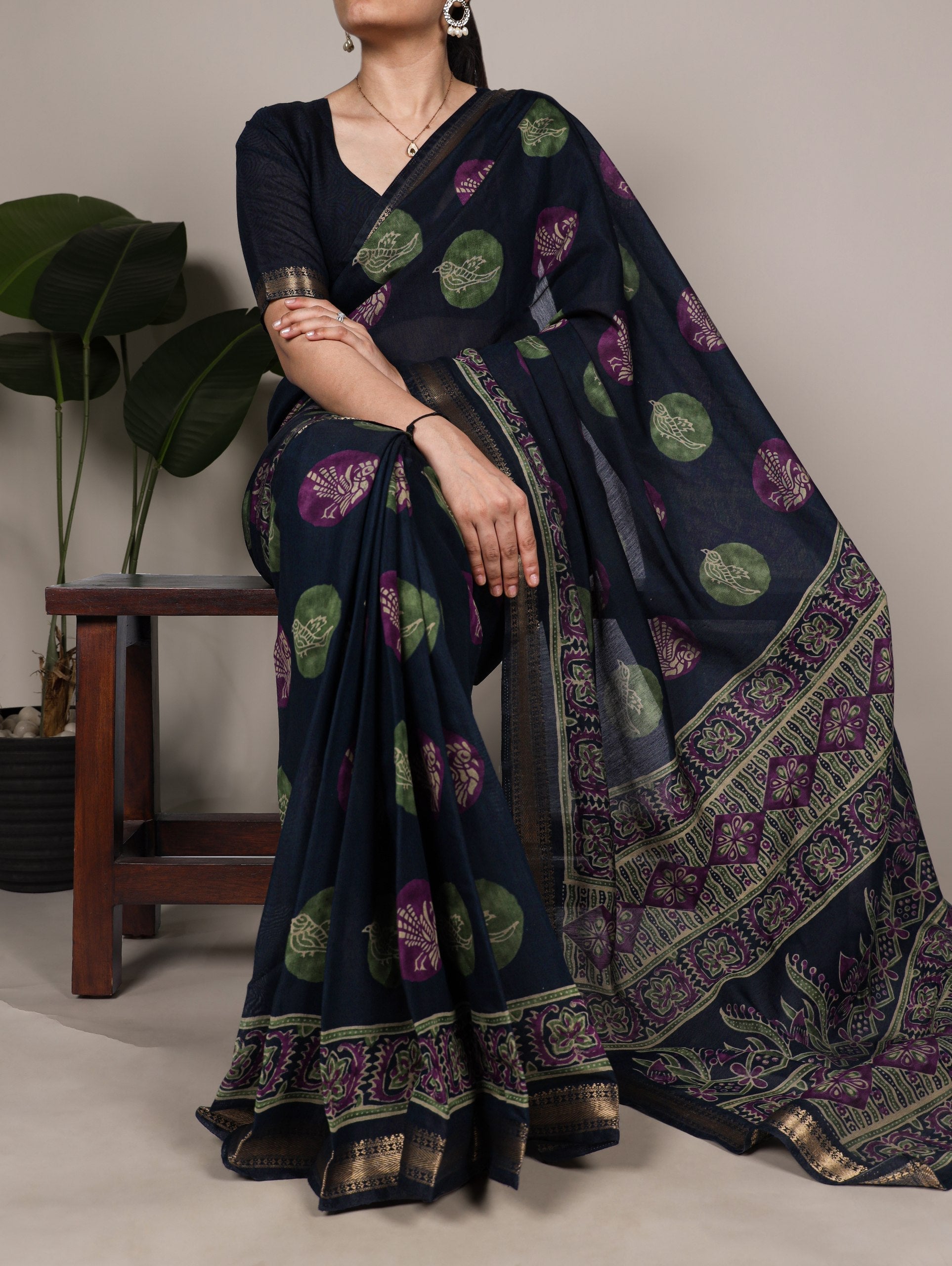 Navy Blue Chanderi Printed Saree