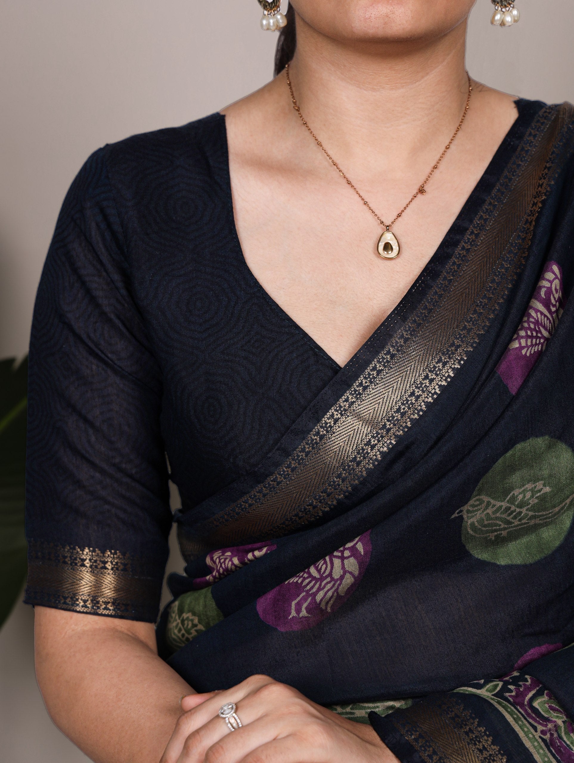 Navy Blue Chanderi Printed Saree