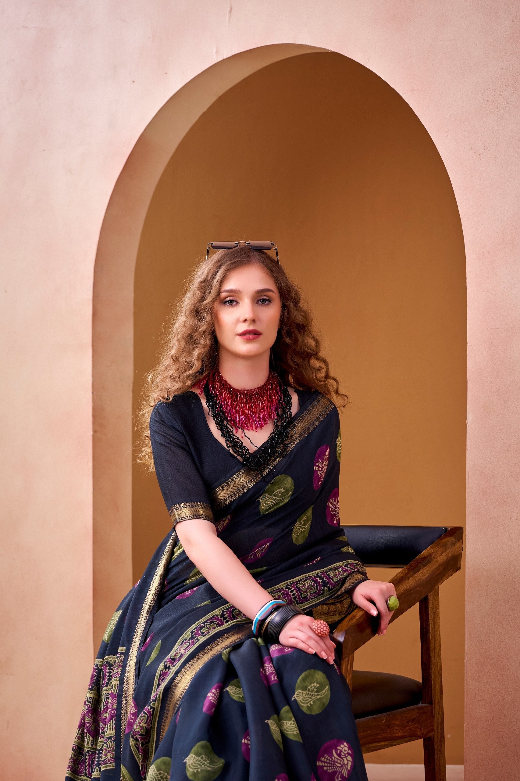 Navy Blue Chanderi Printed Saree