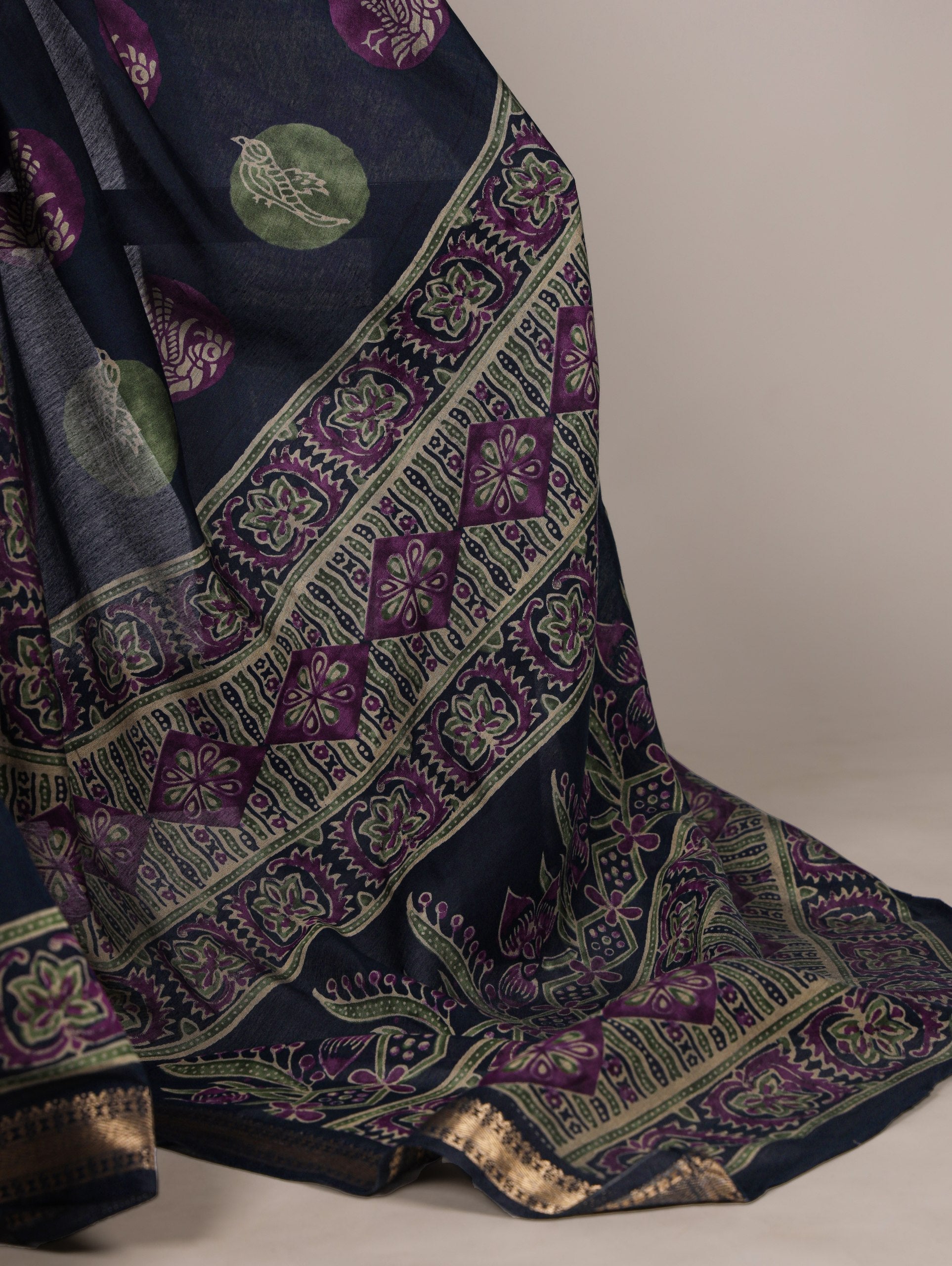 Navy Blue Chanderi Printed Saree