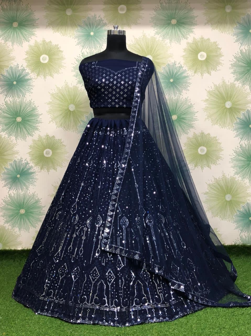 Navy Elegant Heavy Georgette Embroidered Lehenga Set