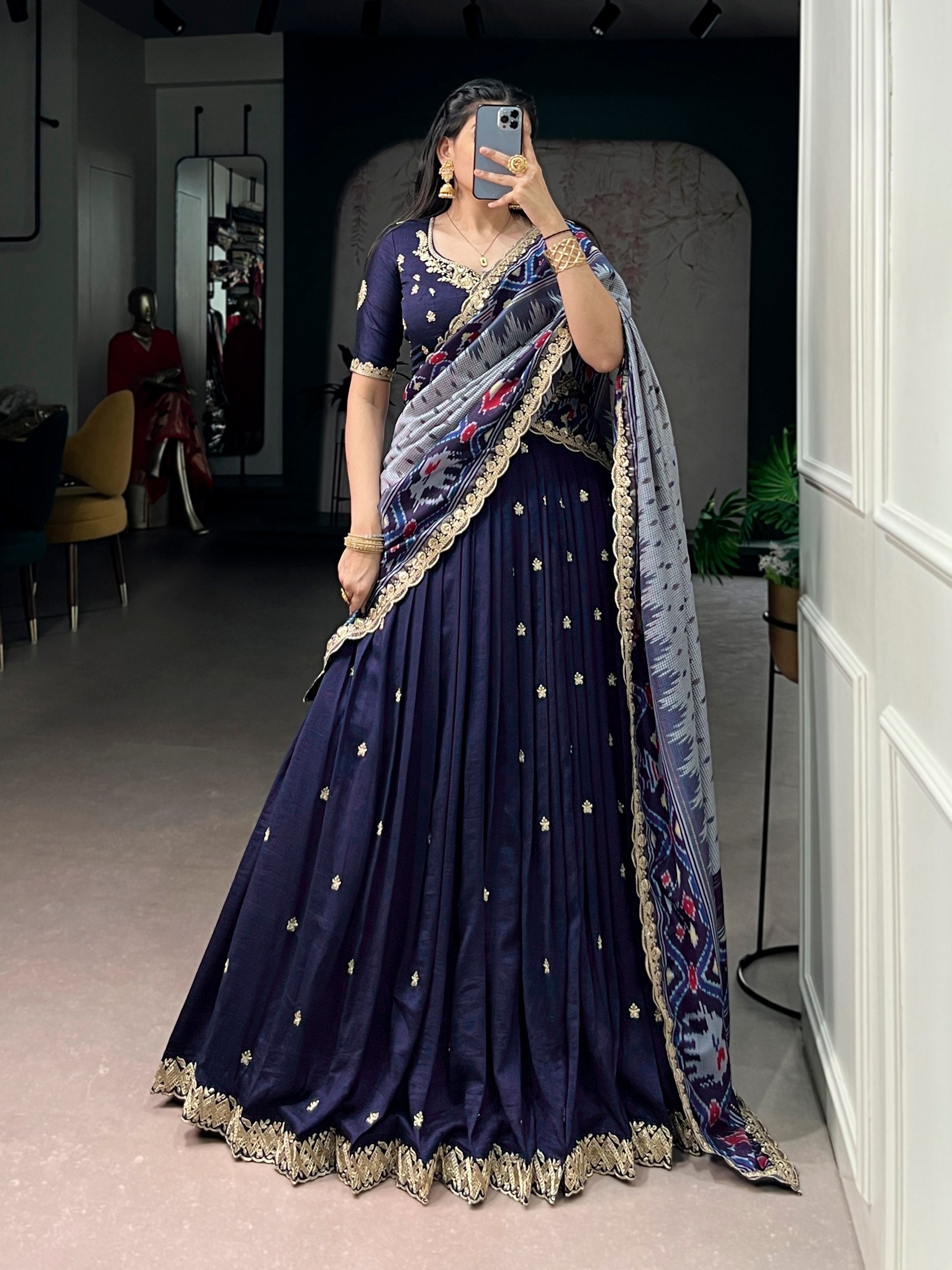 Navy Silk Embroidered Lehenga Set