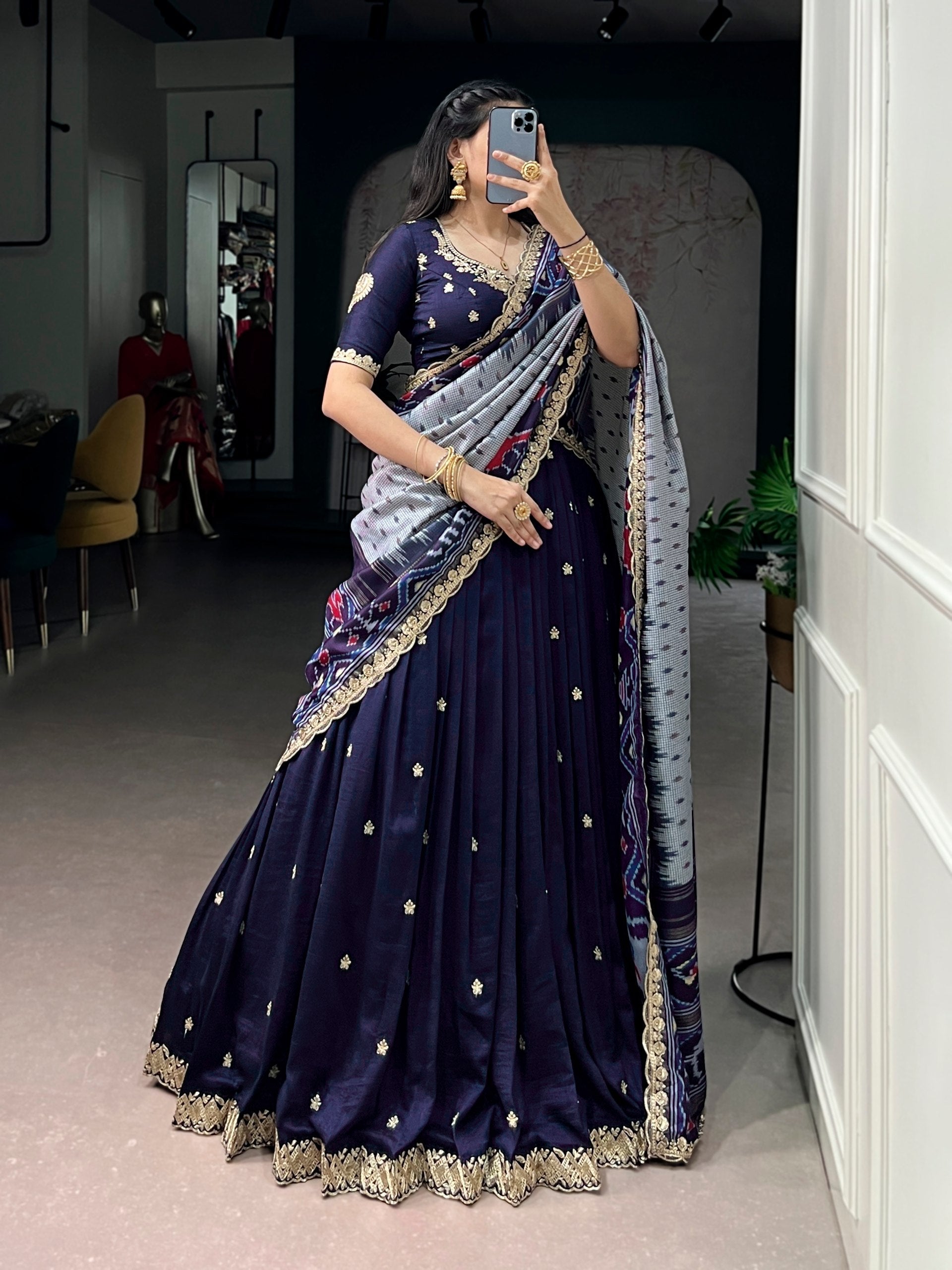 Navy Silk Embroidered Lehenga Set