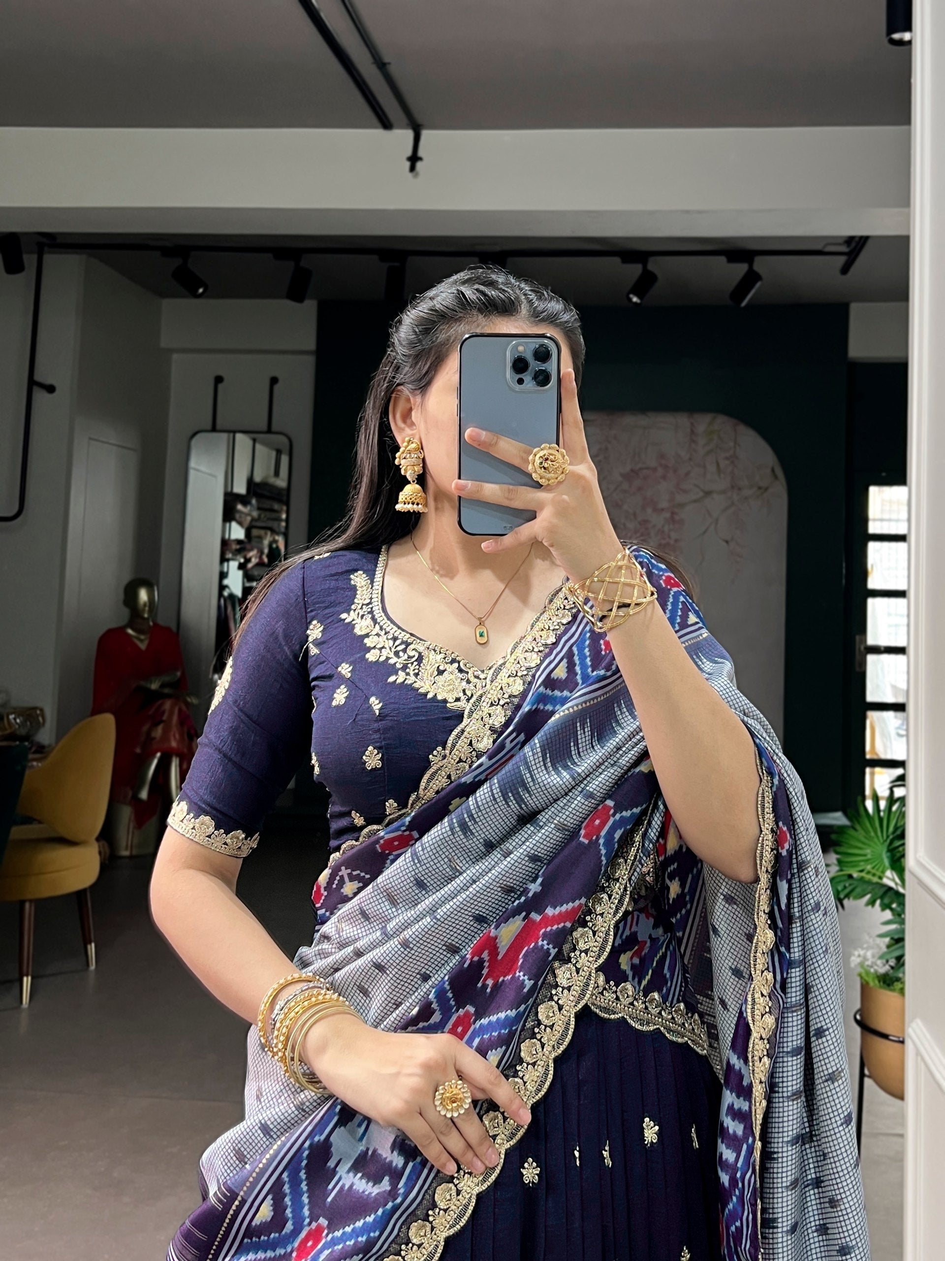 Navy Silk Embroidered Lehenga Set
