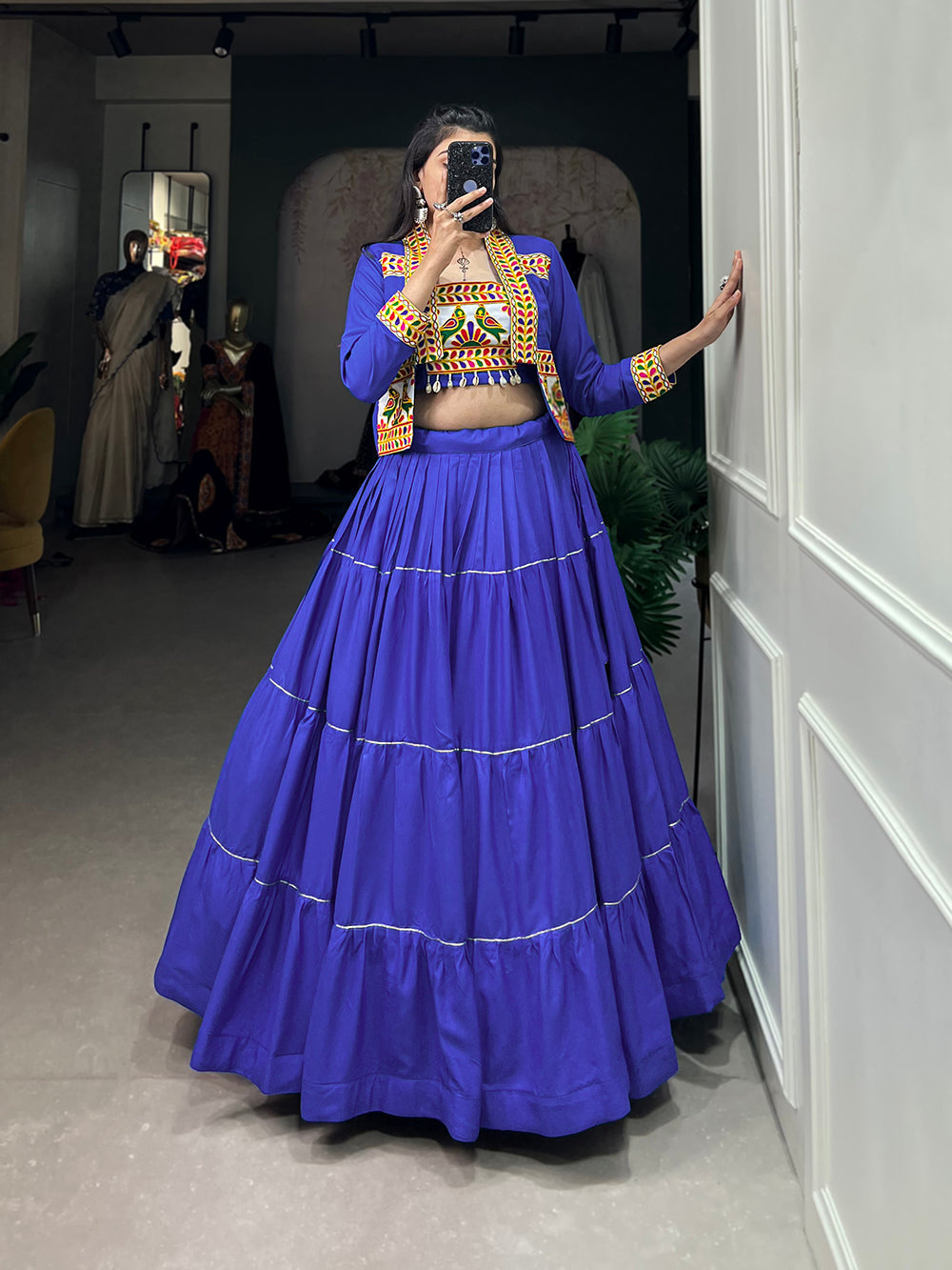 Royal Blue Color Plain With Gota Patti Rayon Garba Choli