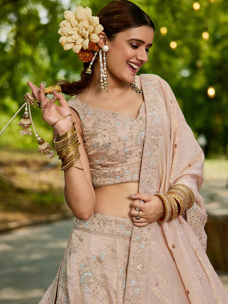 Nude Golden Tissue Lehenga Choli Set with Heavy Sequin & Thread Embroidery  Semi-Stitched Full Flare Lehenga with Ethnic Dupatta