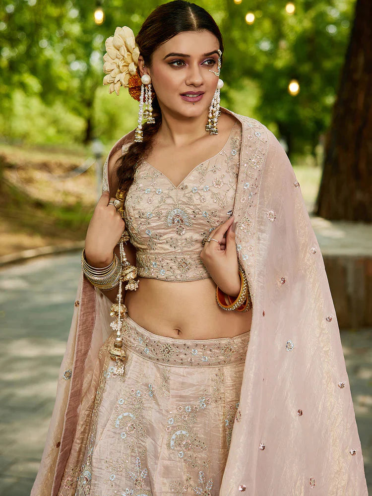 Nude Golden Tissue Lehenga Choli Set with Heavy Sequin & Thread Embroidery  Semi-Stitched Full Flare Lehenga with Ethnic Dupatta