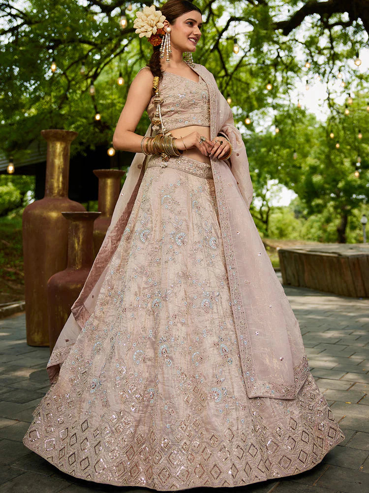 Nude Golden Tissue Lehenga Choli Set with Heavy Sequin & Thread Embroidery  Semi-Stitched Full Flare Lehenga with Ethnic Dupatta