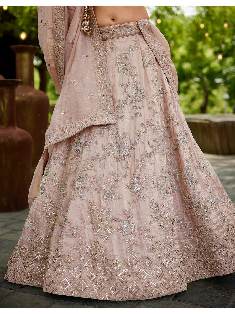 Nude Golden Tissue Lehenga Choli Set with Heavy Sequin & Thread Embroidery  Semi-Stitched Full Flare Lehenga with Ethnic Dupatta