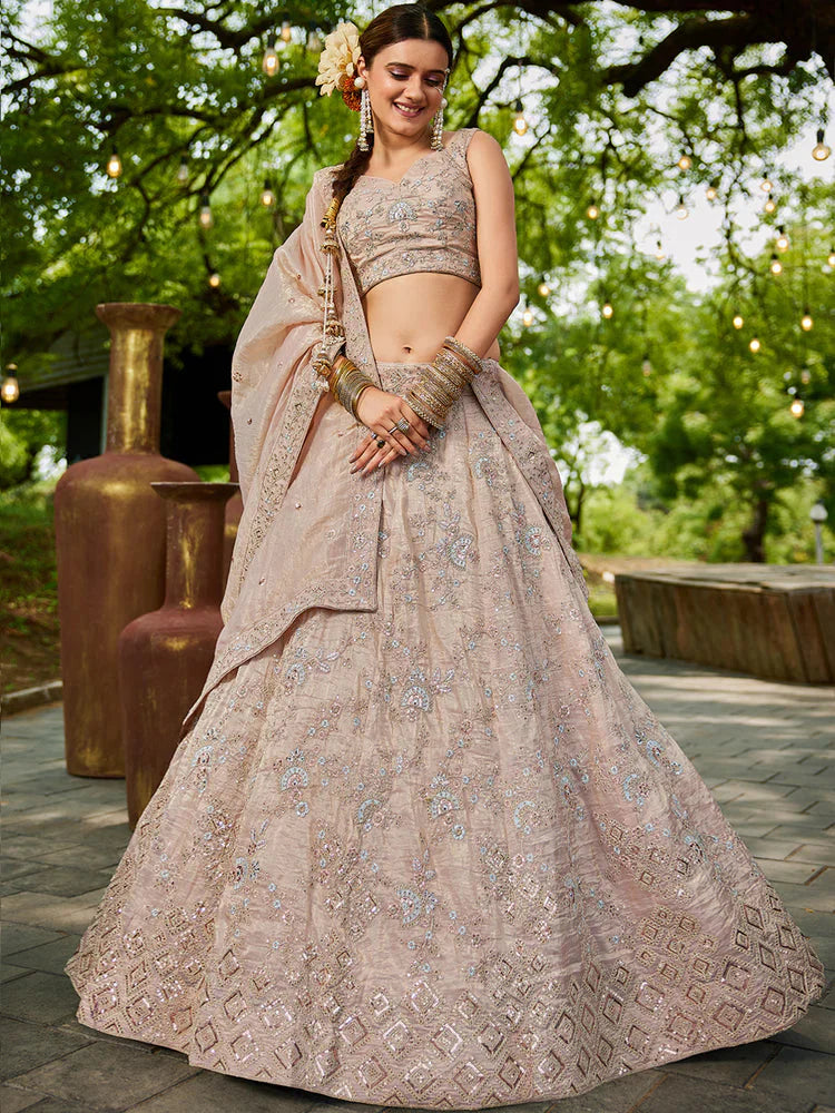Nude Golden Tissue Lehenga Choli Set with Heavy Sequin & Thread Embroidery  Semi-Stitched Full Flare Lehenga with Ethnic Dupatta