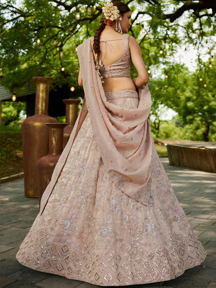 Nude Golden Tissue Lehenga Choli Set with Heavy Sequin & Thread Embroidery  Semi-Stitched Full Flare Lehenga with Ethnic Dupatta