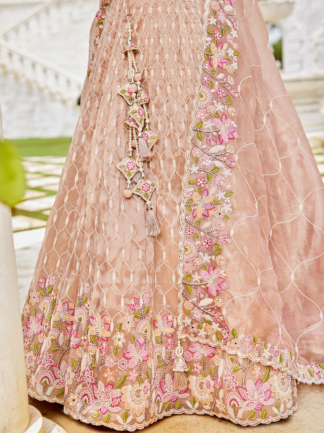 Nude Satin Silk Sequins & Embroidery Lehenga Choli with Ethnic Dupatta – 4 Meter Flair, Fully Stitched