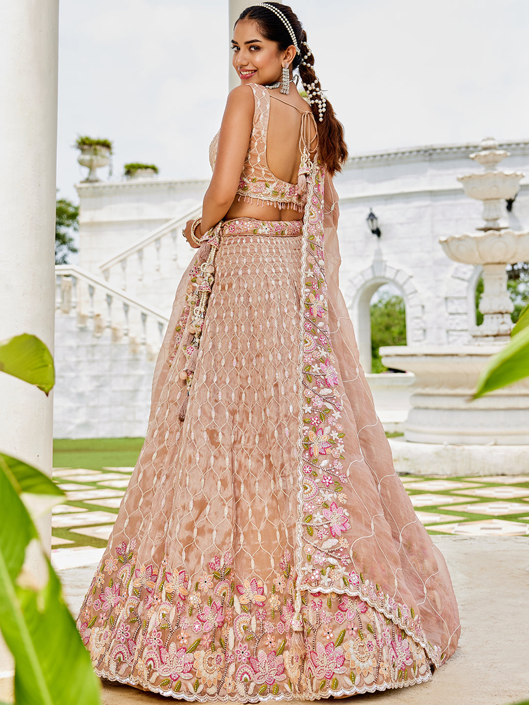 Nude Satin Silk Sequins & Embroidery Lehenga Choli with Ethnic Dupatta – 4 Meter Flair, Fully Stitched