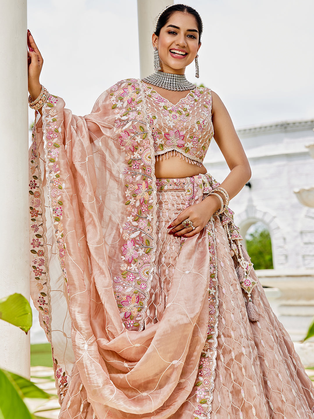 Nude Satin Silk Sequins & Embroidery Lehenga Choli with Ethnic Dupatta – 4 Meter Flair, Fully Stitched