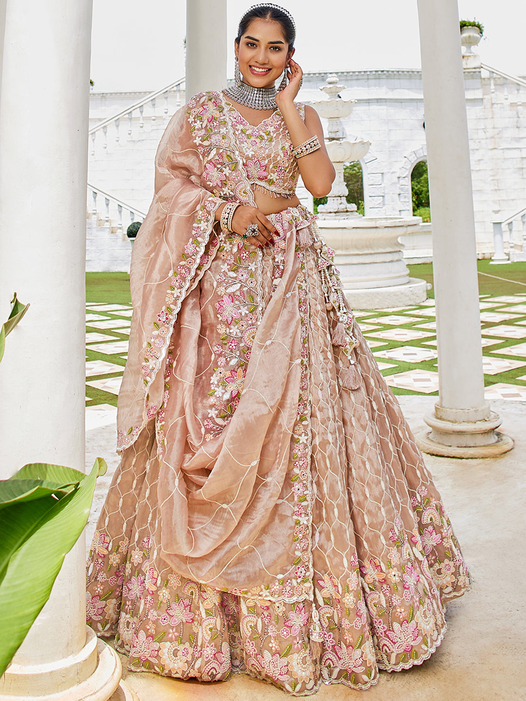 Nude Satin Silk Sequins & Embroidery Lehenga Choli with Ethnic Dupatta – 4 Meter Flair, Fully Stitched
