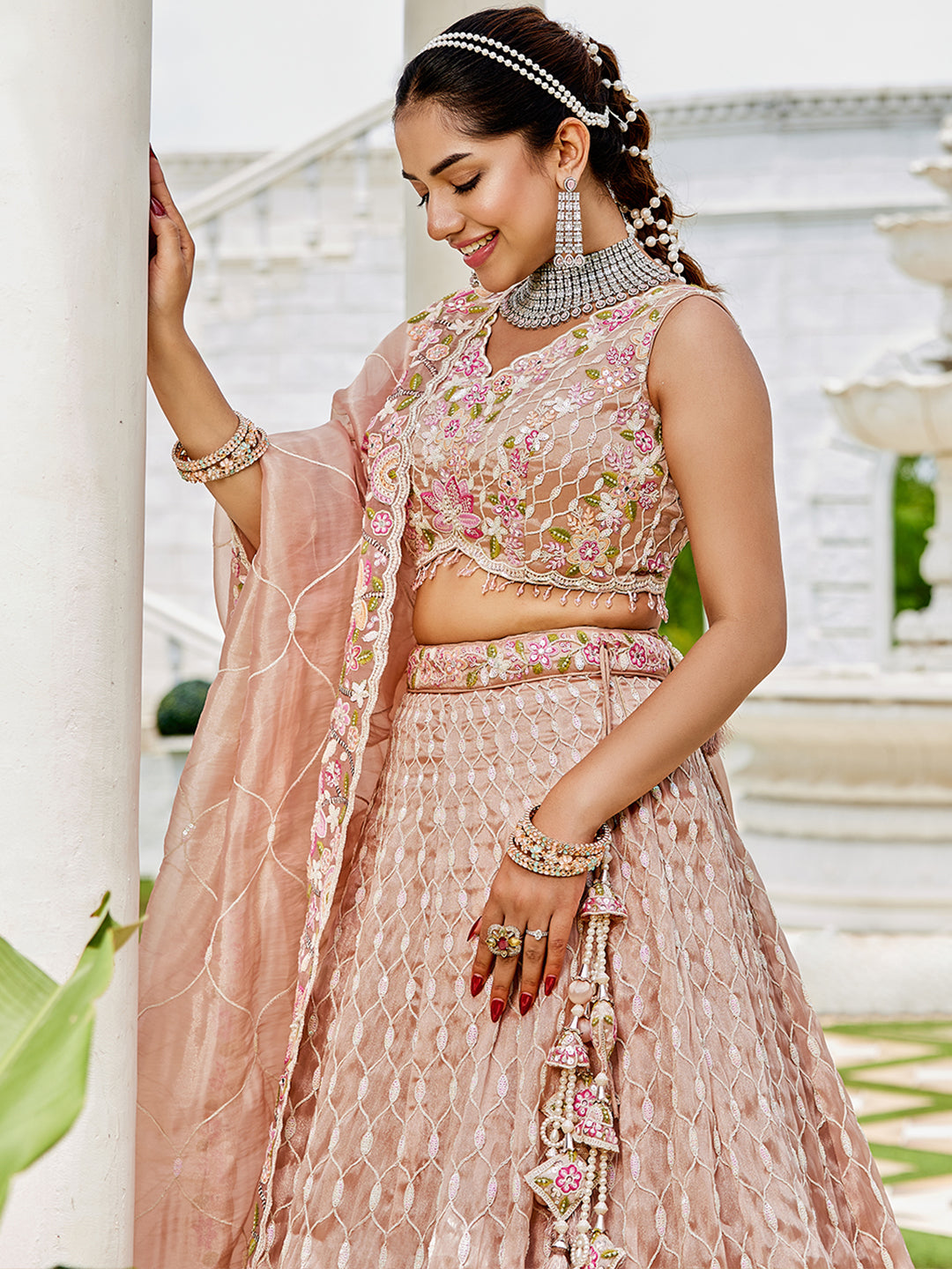 Nude Satin Silk Sequins & Embroidery Lehenga Choli with Ethnic Dupatta – 4 Meter Flair, Fully Stitched