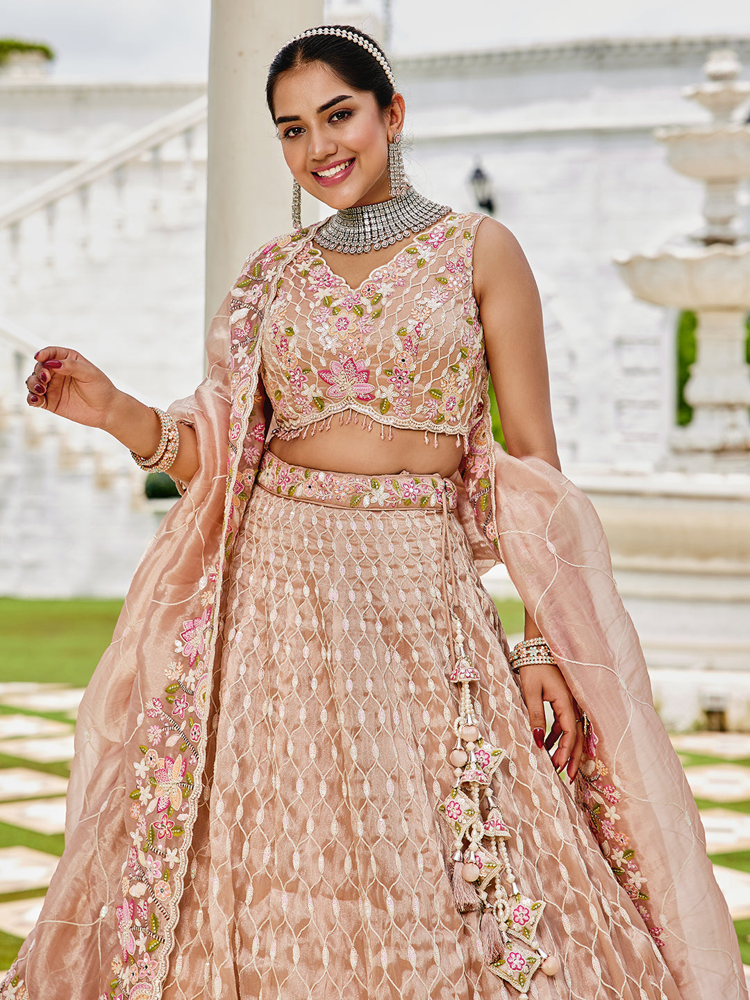 Nude Satin Silk Sequins & Embroidery Lehenga Choli with Ethnic Dupatta – 4 Meter Flair, Fully Stitched