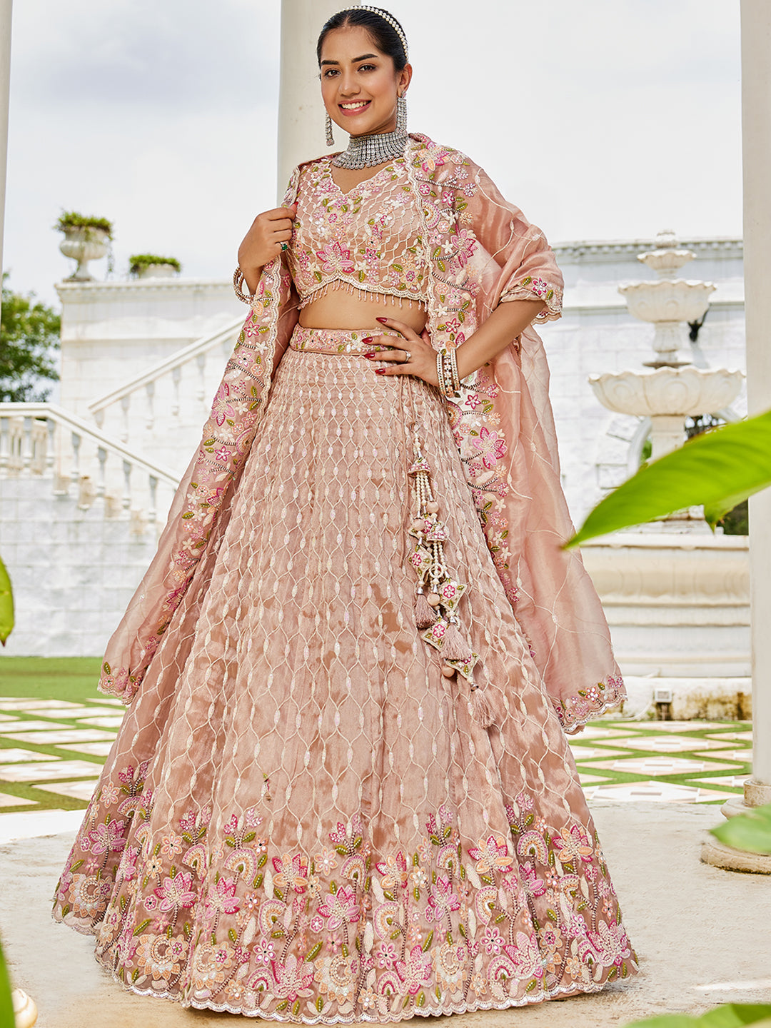 Nude Satin Silk Sequins & Embroidery Lehenga Choli with Ethnic Dupatta – 4 Meter Flair, Fully Stitched