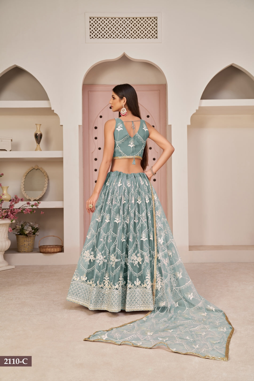 Ocean Blue Butterfly Net Lehenga with Elegant White Thread & Zari Embroidery